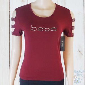 NWT BEBE AUTHENTIC WOMEN'S POMEGRANATE CUTOUT SHORT SLEEVE T-SHIRT SIZE S M L XL